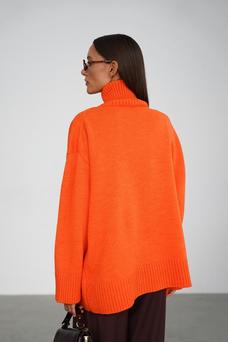 Oversized Turtleneck Rib Trim Knit Sweater