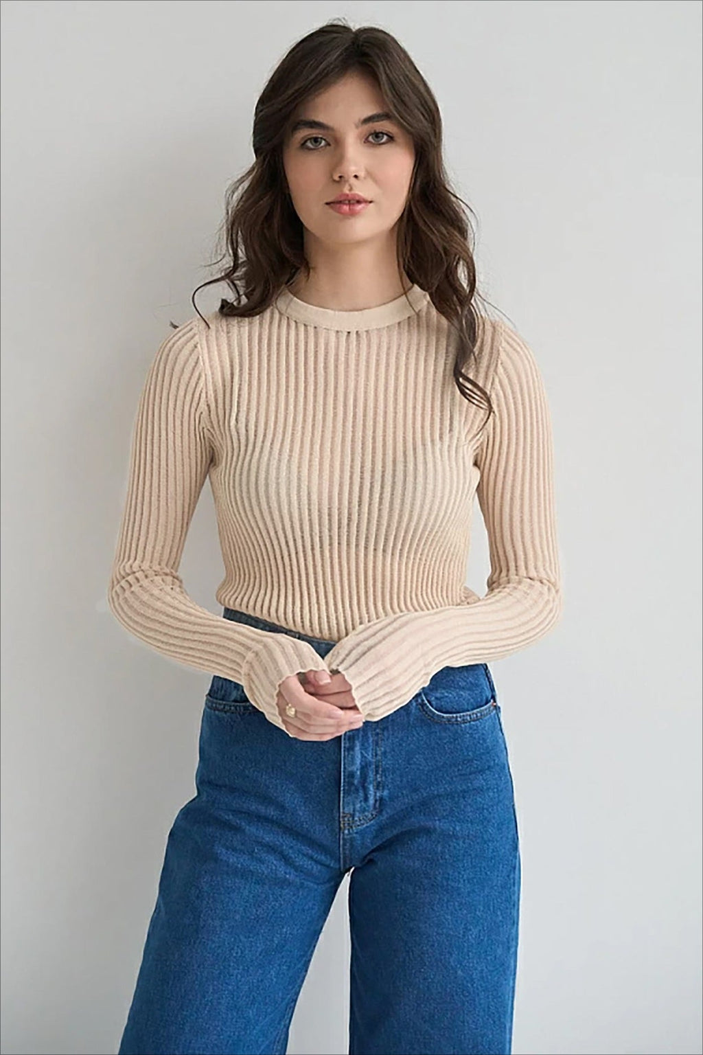 Ribbed Openwork Crew Neck Knit Sweater