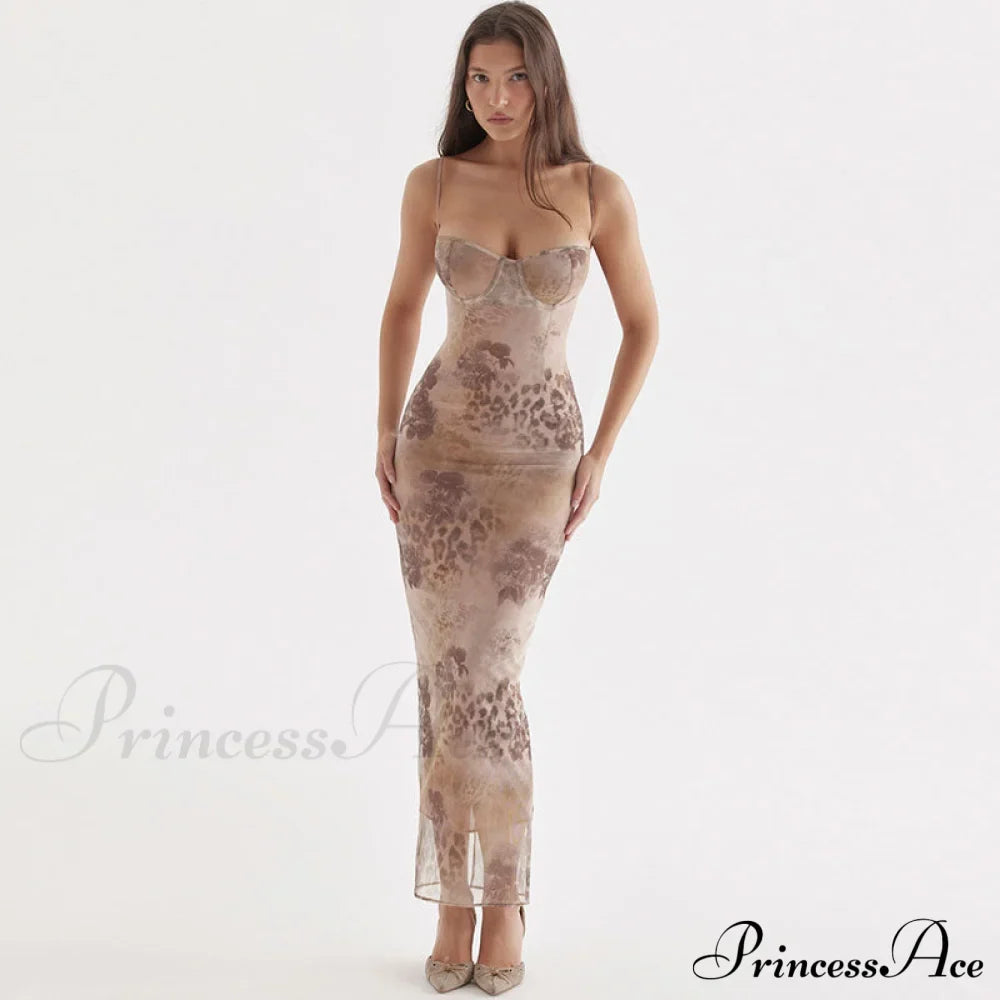 Flower Print Lace Trim Spaghetti Classic Strap Bodycon Midi Dress - Pink
