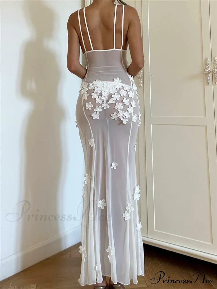 Flowers for Women Sexy Sleeveless Strap High Split Backless Mesh See Through Vestidos Party Clubwear