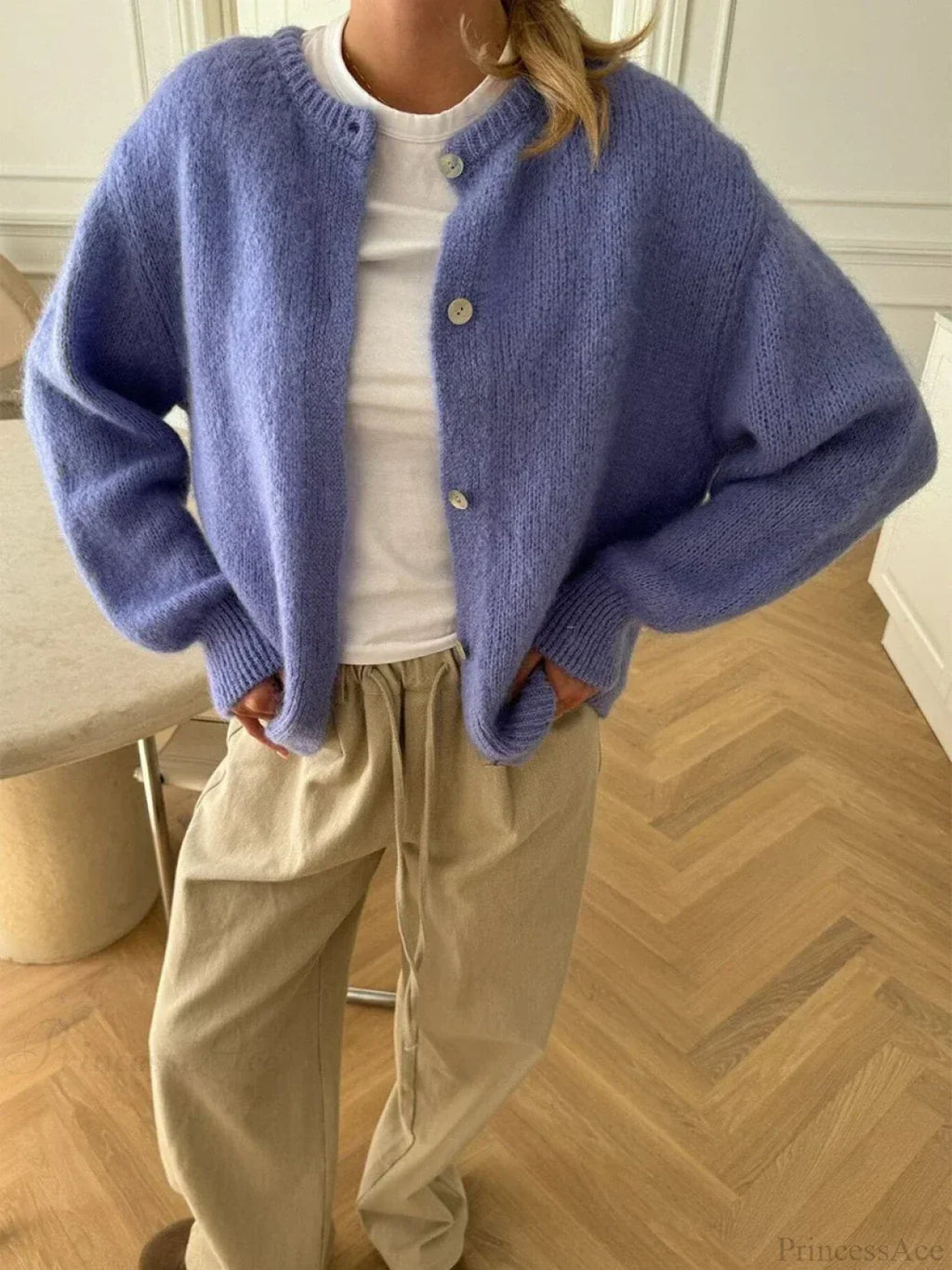 Fuzzy Button-Down Long Sleeve Knit Cardigan