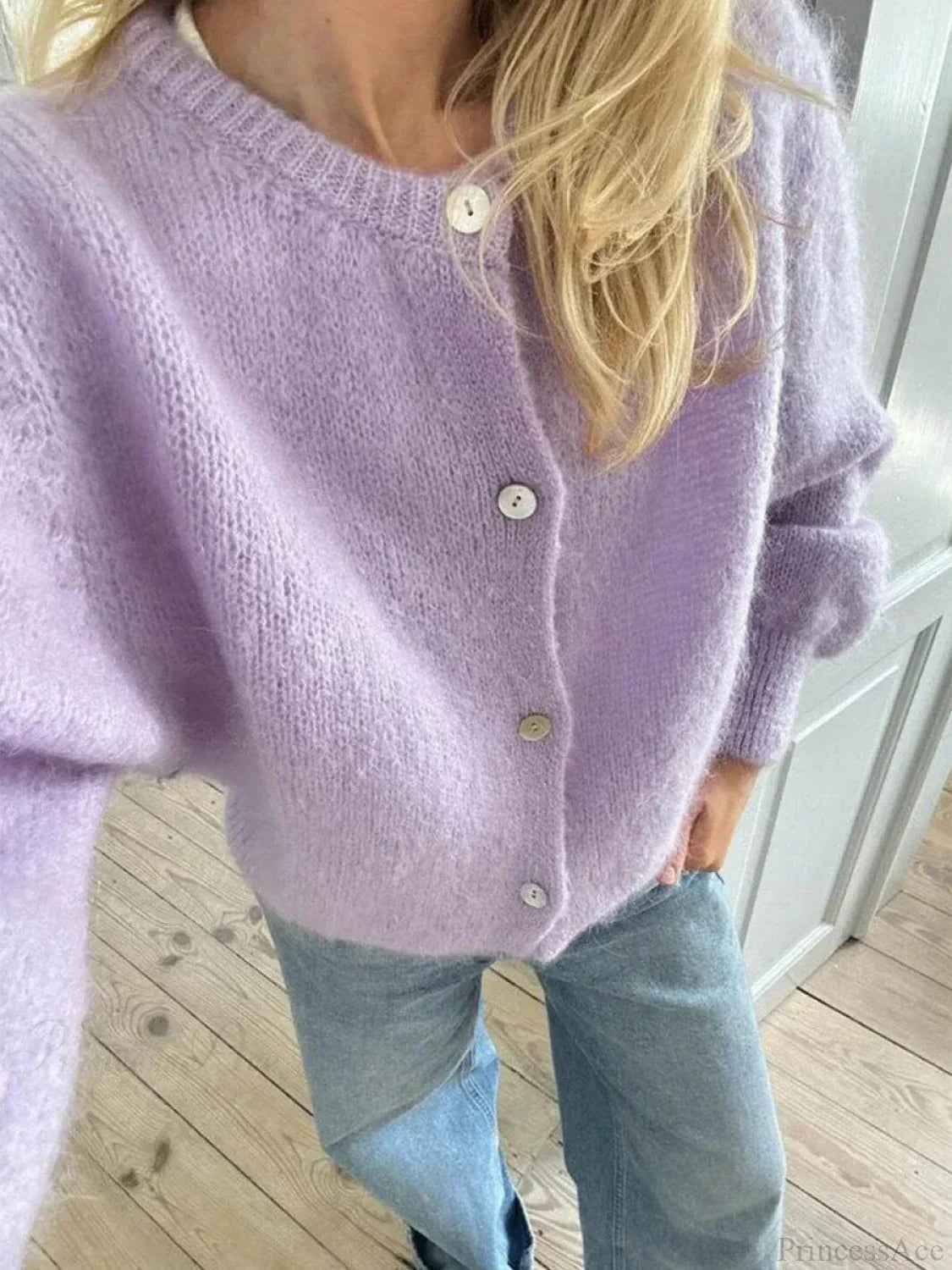 Fuzzy Button-Down Long Sleeve Knit Cardigan