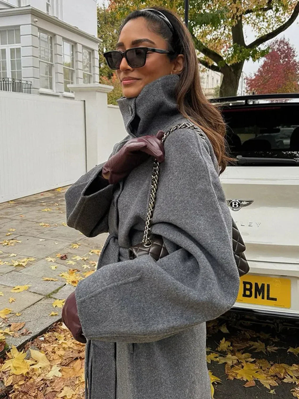 Grey High Collar Long Woolen Coat