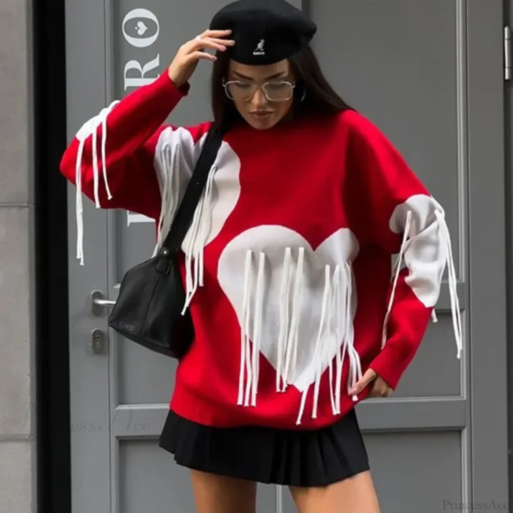 Heart Print O-neck Long Sleeve Sweater