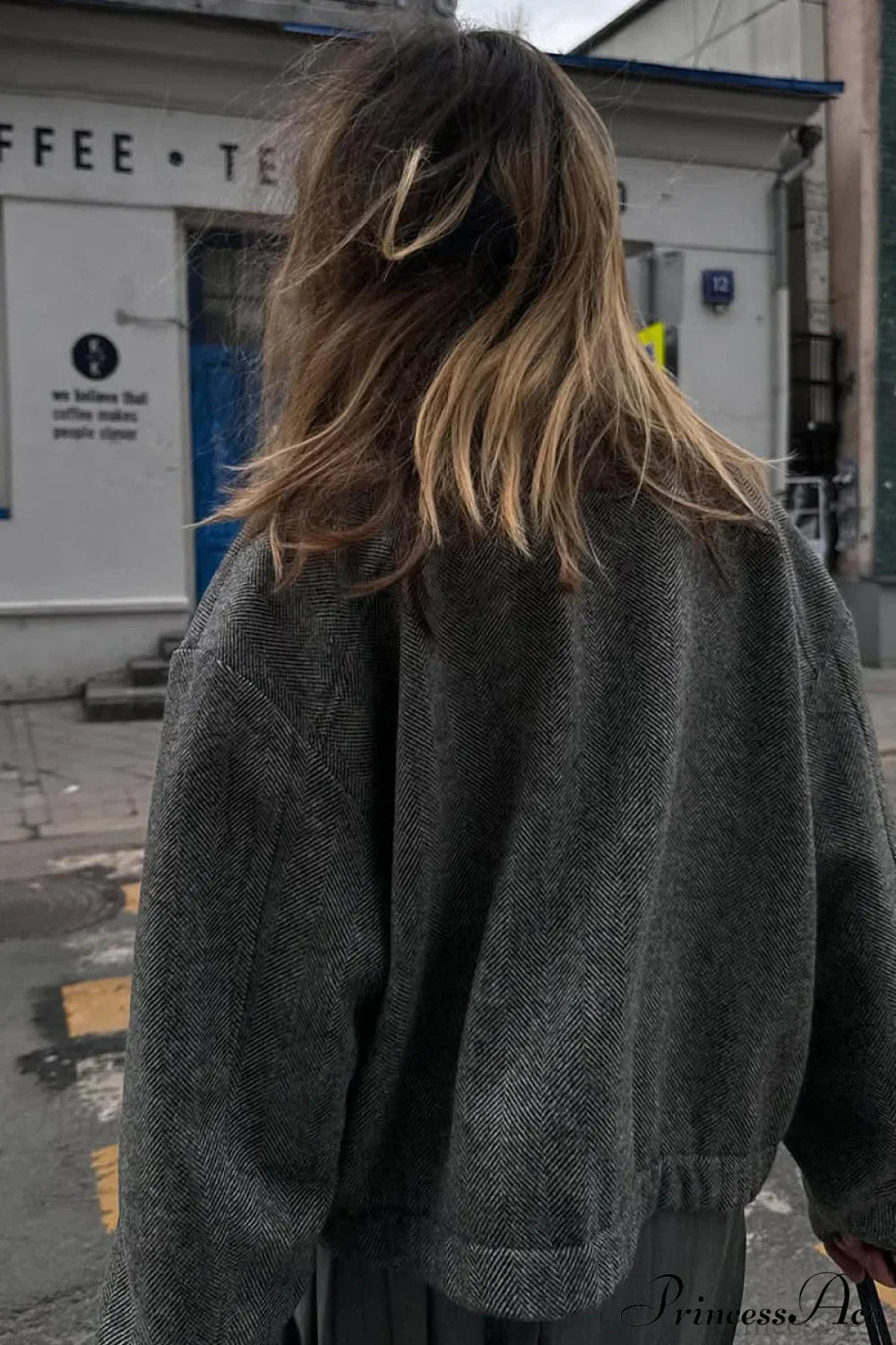 Herringbone Stand Collar Zip Pocket Coat