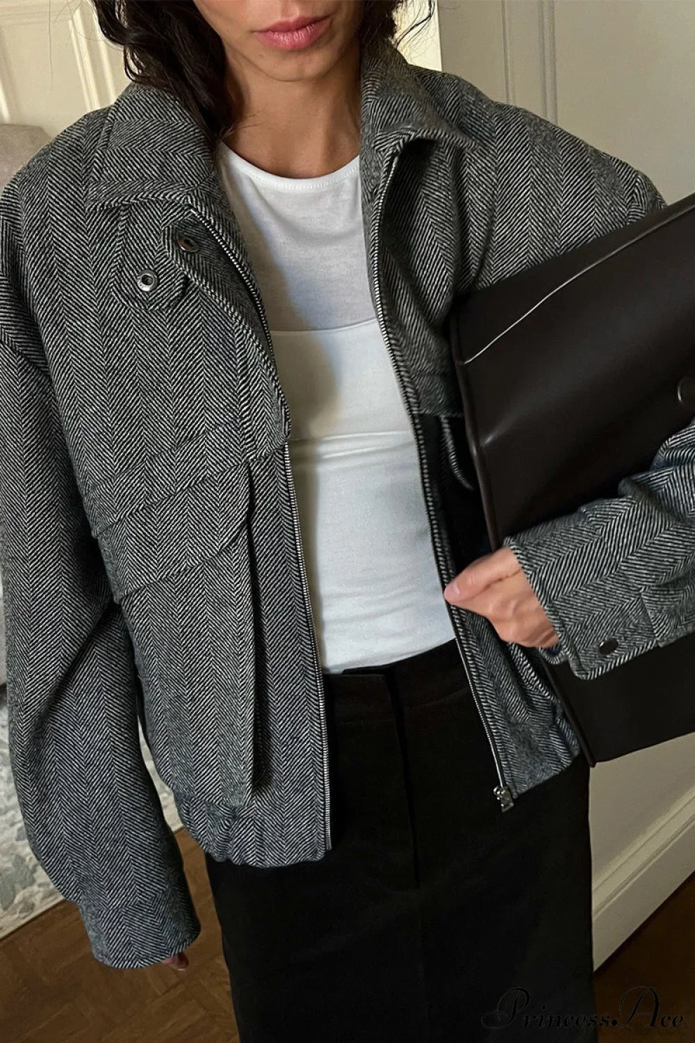 Herringbone Stand Collar Zip Pocket Coat