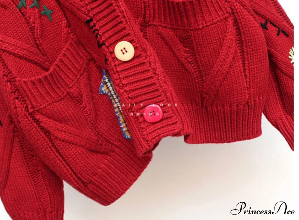 Jacket Loose Pocket Embroidery Fashion Knit Cardigan