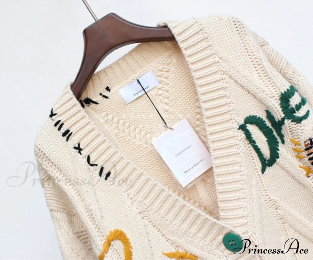 Jacket Loose Pocket Embroidery Fashion Knit Cardigan