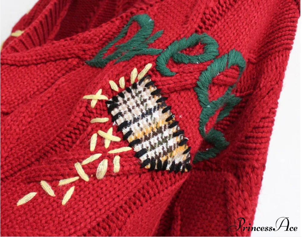 Jacket Loose Pocket Embroidery Fashion Knit Cardigan