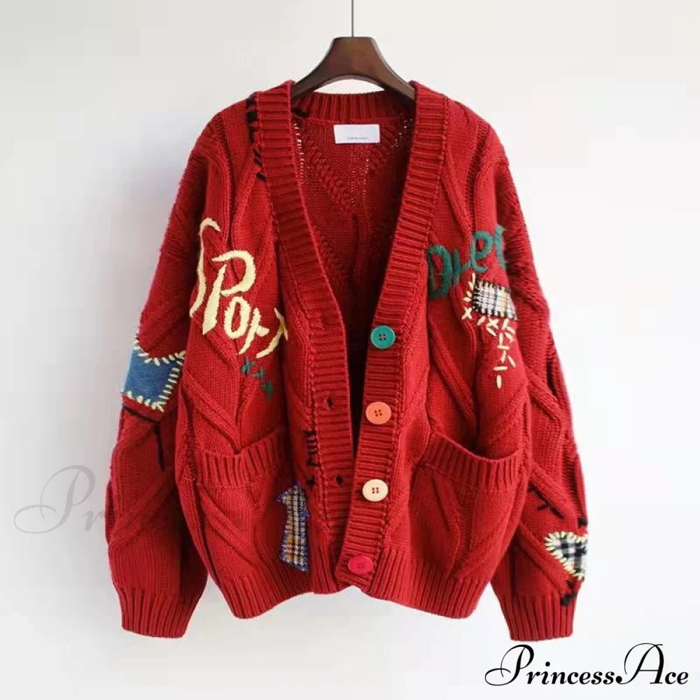 Jacket Loose Pocket Embroidery Fashion Knit Cardigan