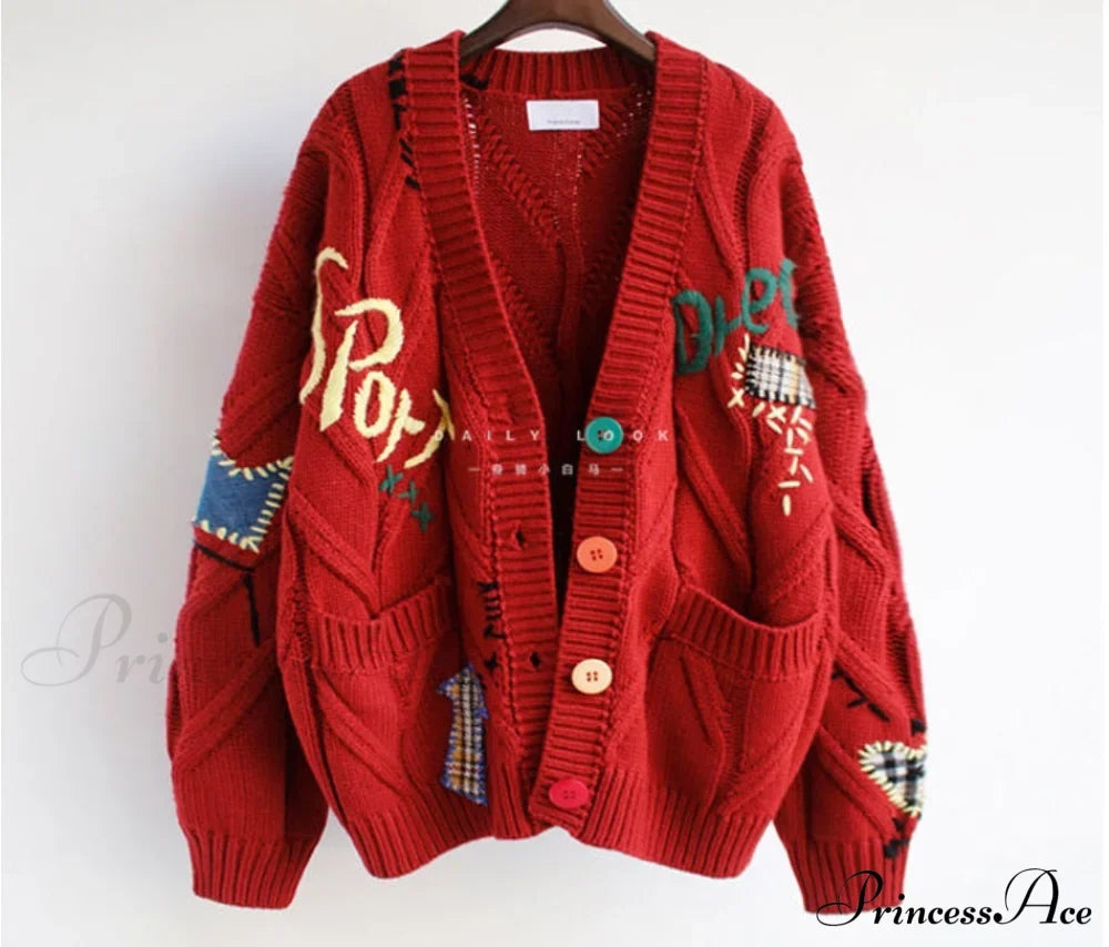 Jacket Loose Pocket Embroidery Fashion Knit Cardigan