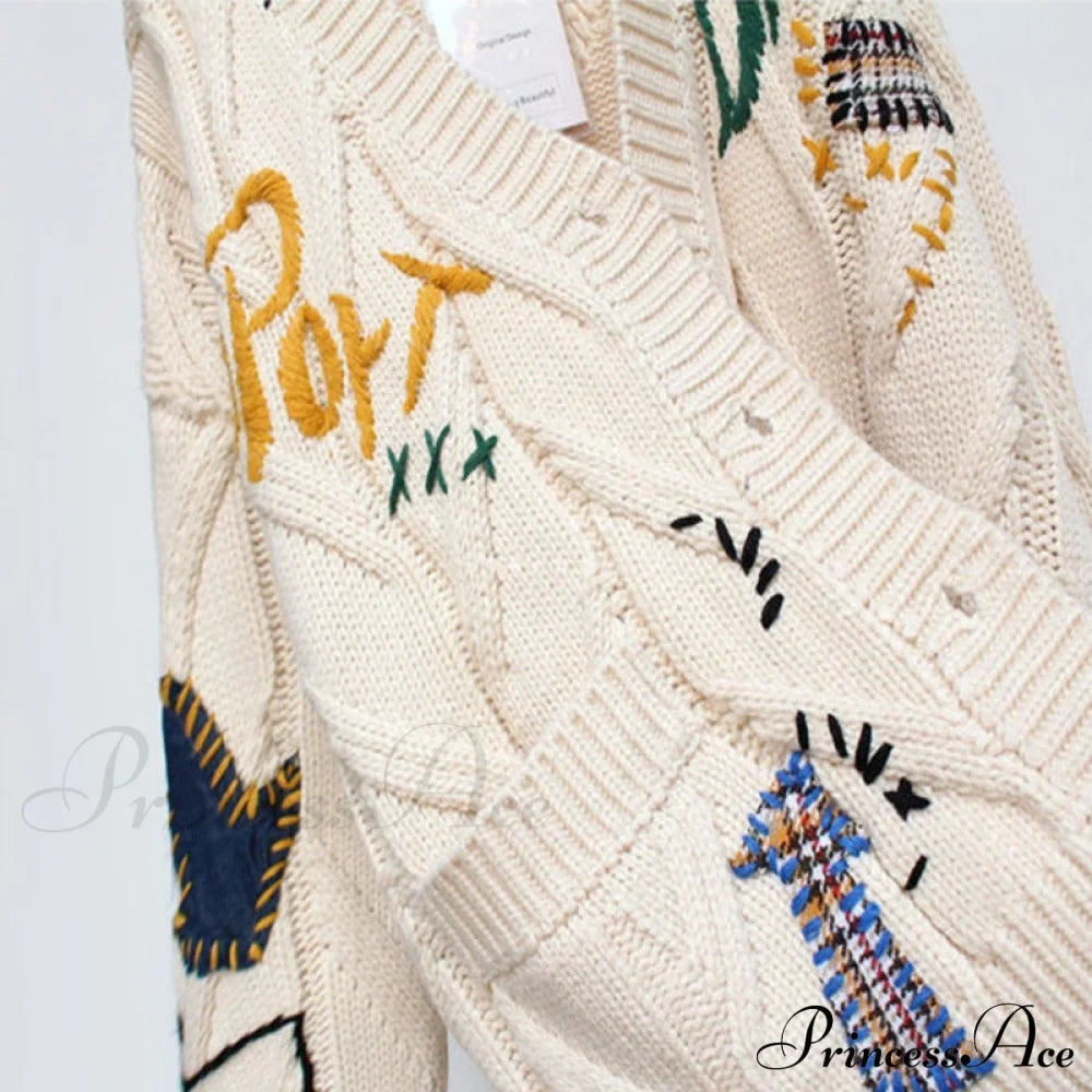 Jacket Loose Pocket Embroidery Fashion Knit Cardigan