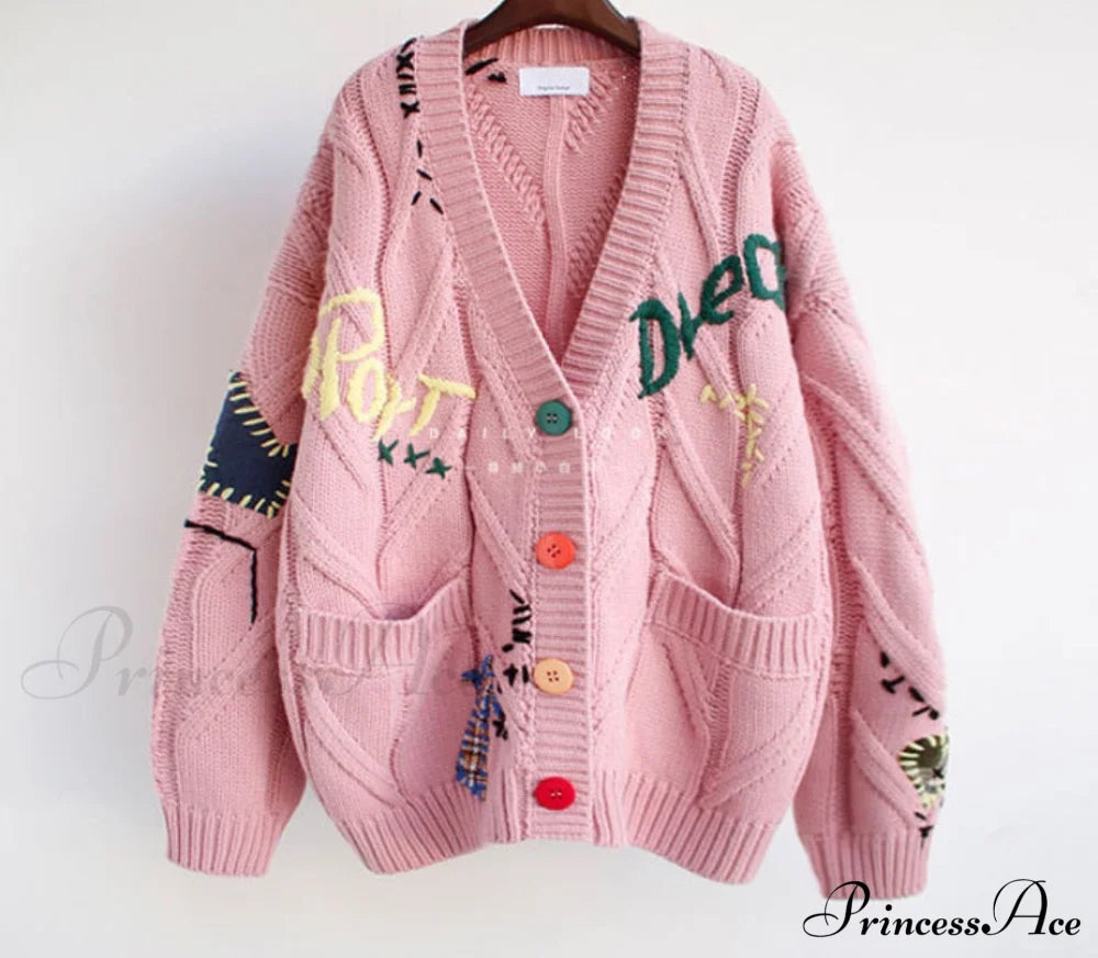 Jacket Loose Pocket Embroidery Fashion Knit Cardigan