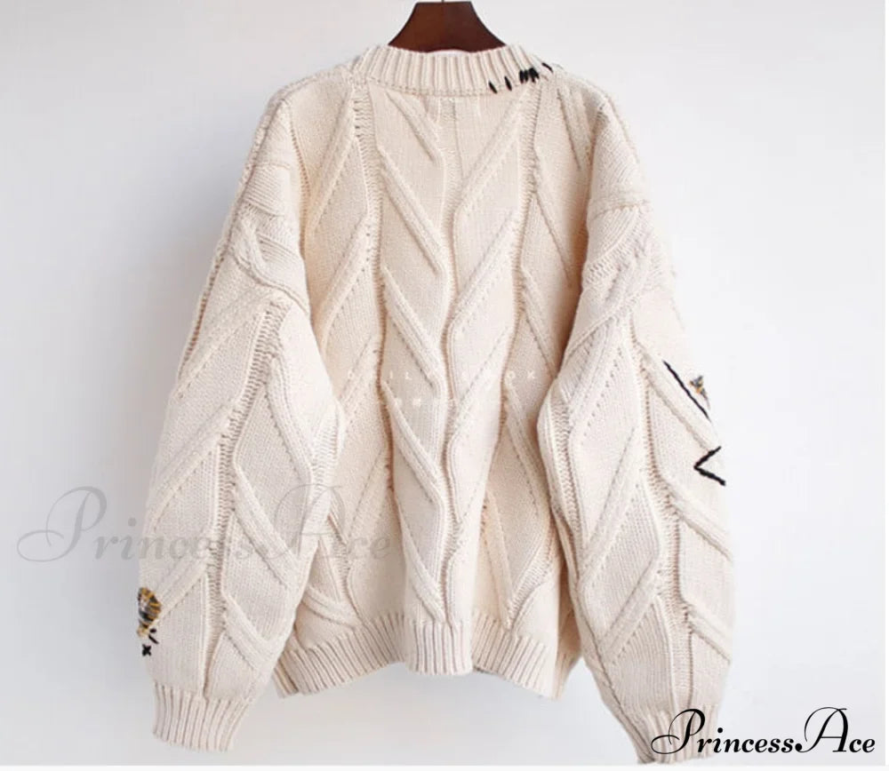 Jacket Loose Pocket Embroidery Fashion Knit Cardigan