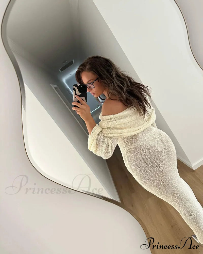 Knit Off-Shoulder Long Sleeve Maxi Dress