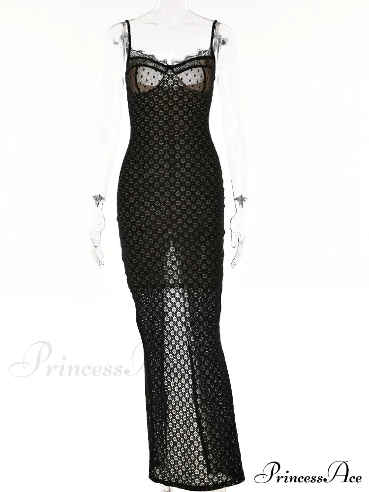 Lace Floral for Women Sexy Sleeveless Strap See Through Evening Cocktail Back Split Black Vestidos