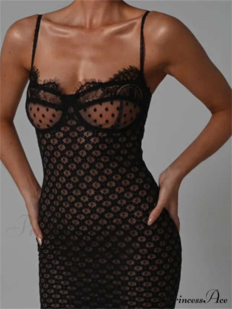 Lace Floral for Women Sexy Sleeveless Strap See Through Evening Cocktail Back Split Black Vestidos