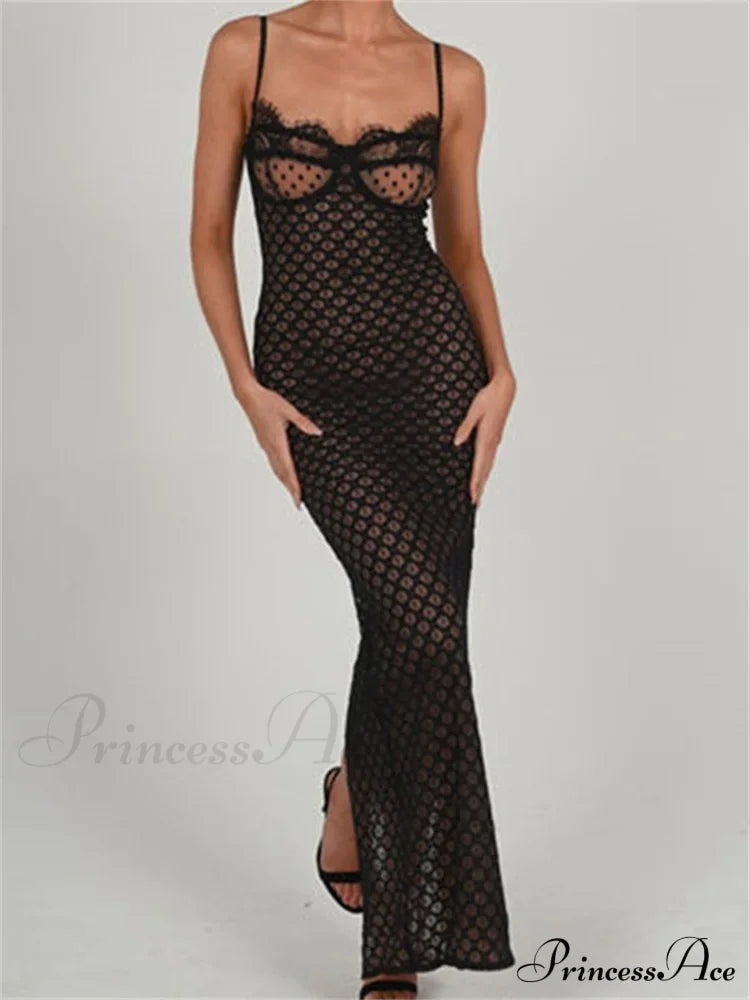 Lace Floral for Women Sexy Sleeveless Strap See Through Evening Cocktail Back Split Black Vestidos
