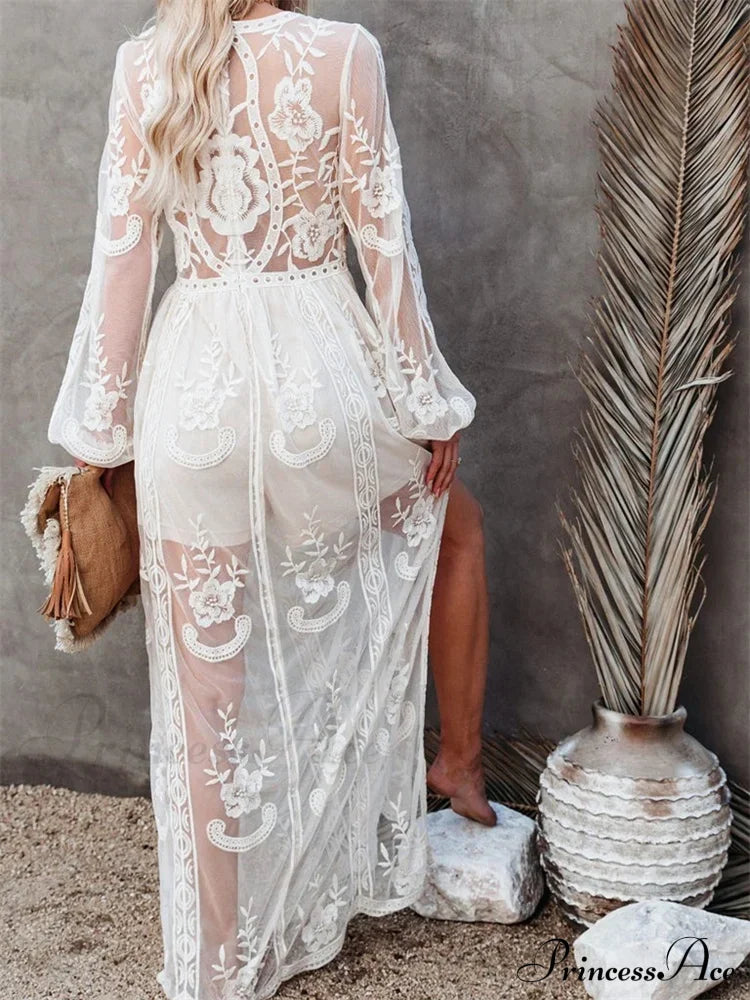 Lace Floral Mesh See Through Summer Deep V-neck Lantern Sleeve Beach Female Vestidos