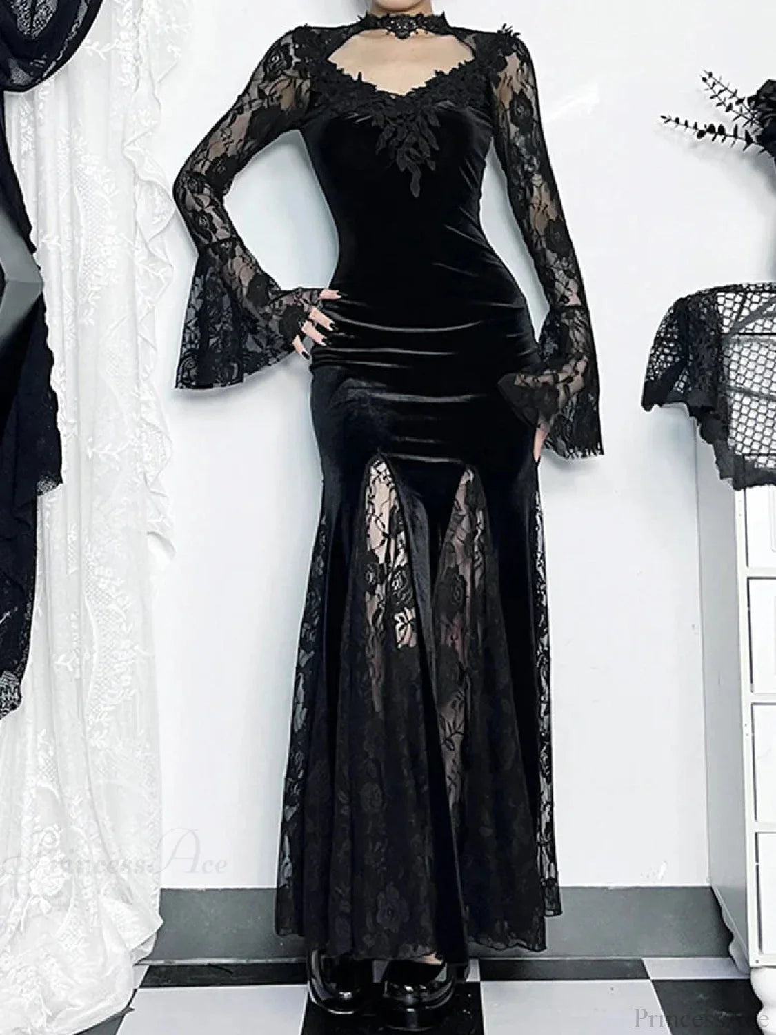 Lace Patchwork Flare Sleeve Maxi Dress