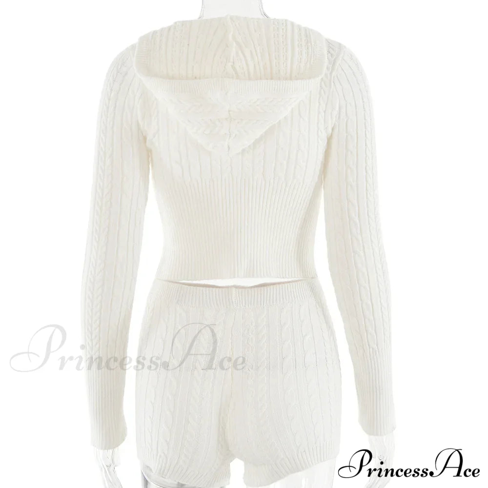 Long Sleeve Knitted V-Neck Graceful Hooded Sweater And Shorts Set