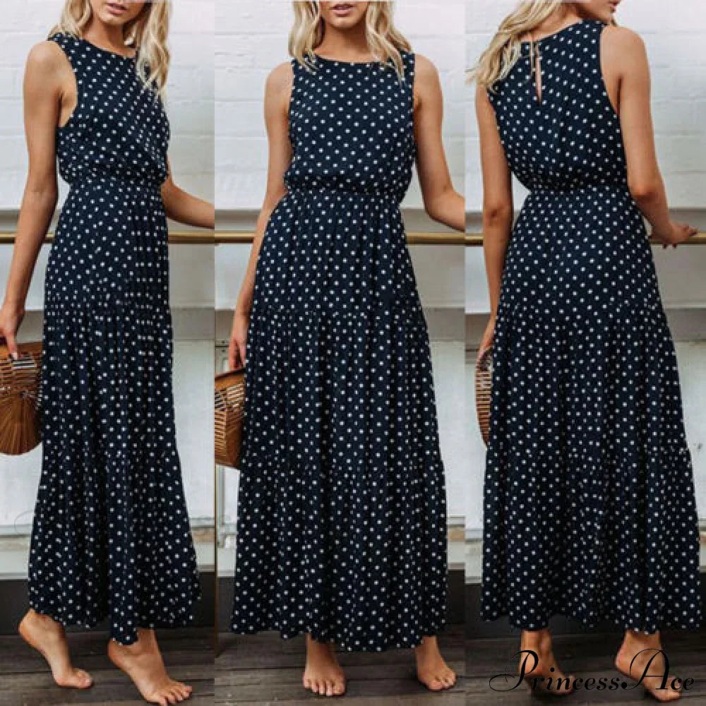 Loose Sleeveless Holiday Dot Print Long Maxi Dress