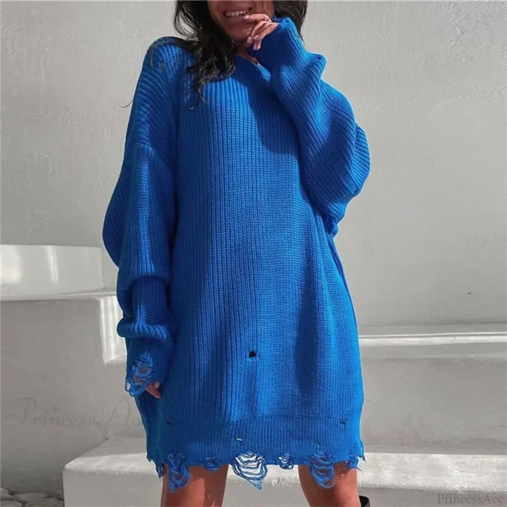 Loose Solid Ripped Round Neck Sweater