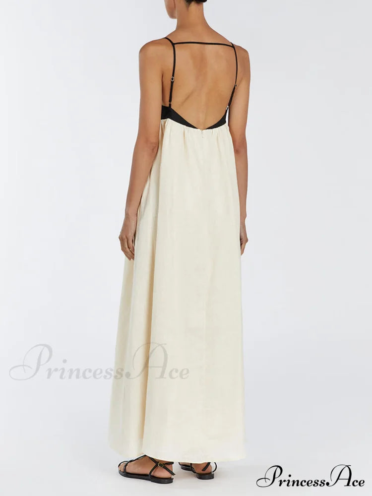 Loose Suspender Black And Graceful White Patchwork Maxi Dress