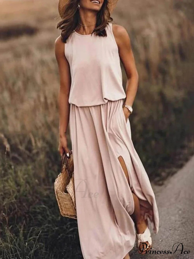 Loose Waisted Round Charming Neck Sleeveless Slit Dress