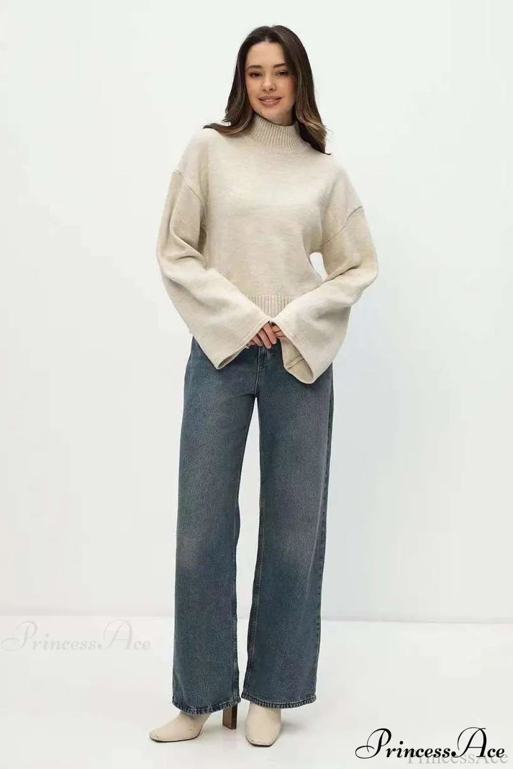 Mock Neck Bell-Sleeve Loose Short Sweater