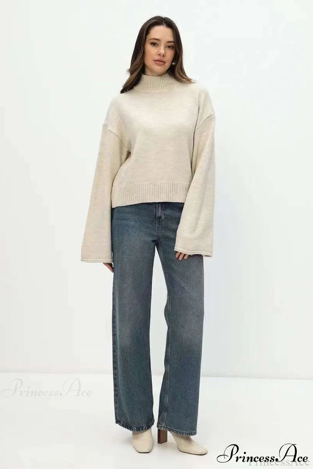 Mock Neck Bell-Sleeve Loose Short Sweater
