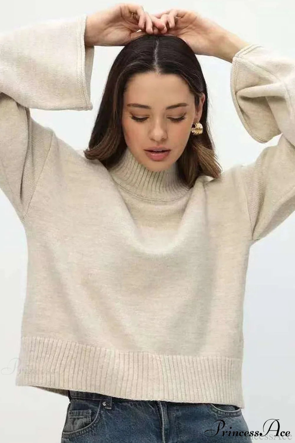 Mock Neck Bell-Sleeve Loose Short Sweater