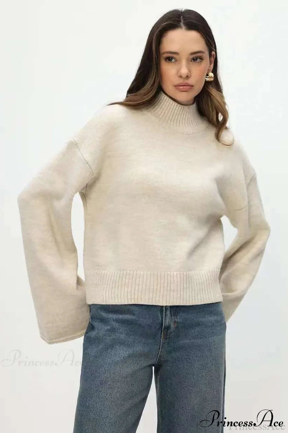 Mock Neck Bell-Sleeve Loose Short Sweater