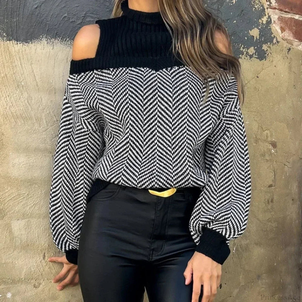 Mock Neck Hollow Out Black Sweater