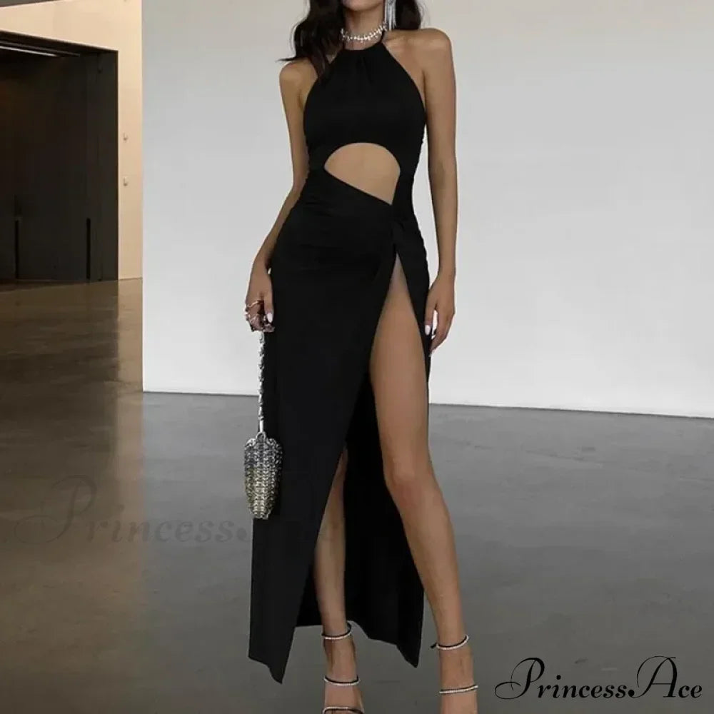 Neckline Back Split Knitted Maxi Dress