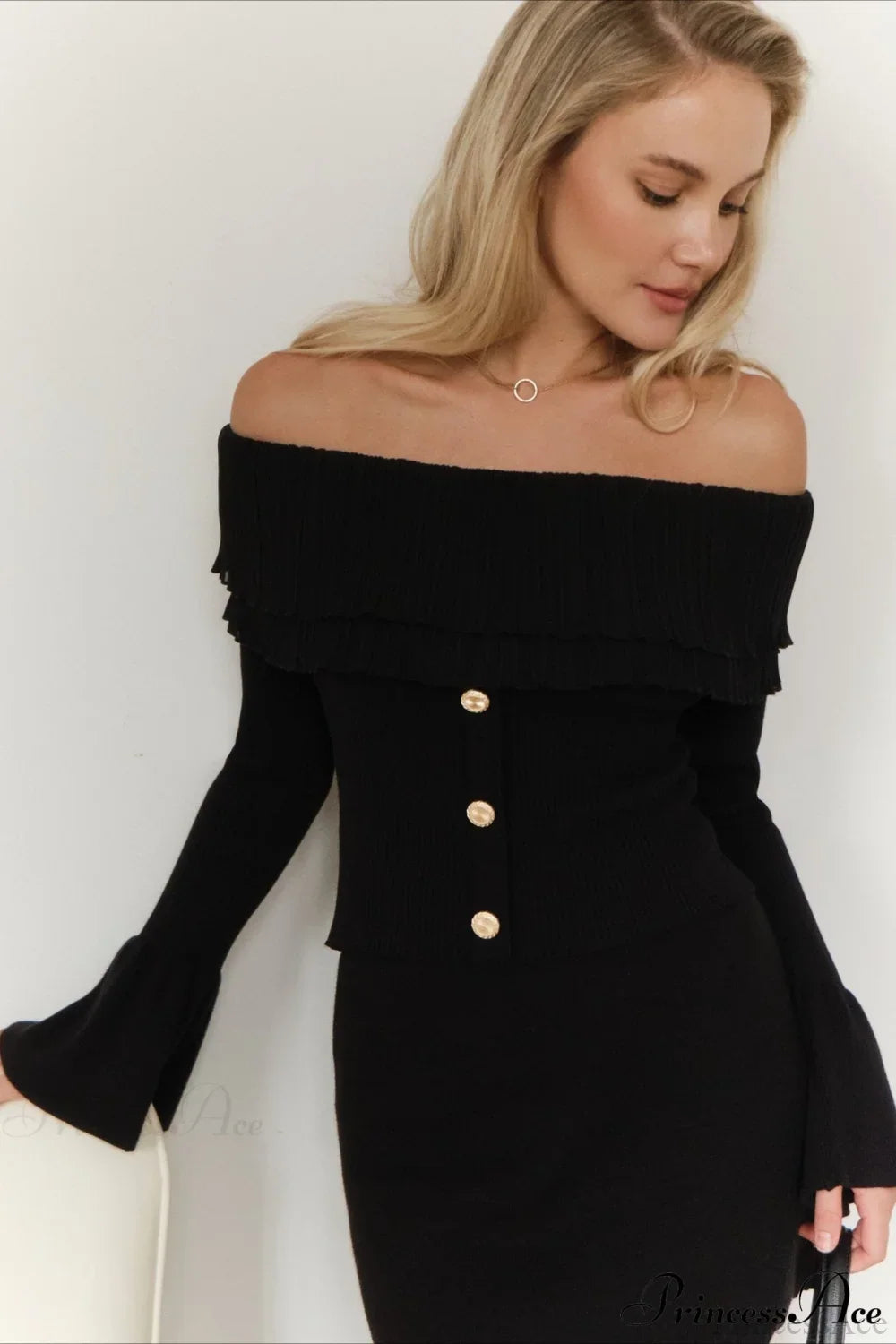 Off-the-Shoulder French Button-Panel Knit Sweater