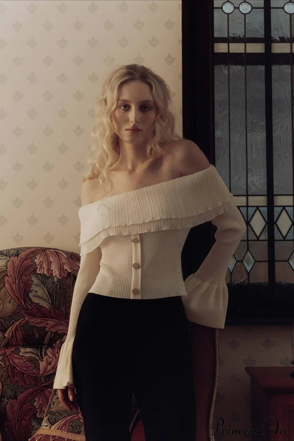 Off-the-Shoulder French Button-Panel Knit Sweater