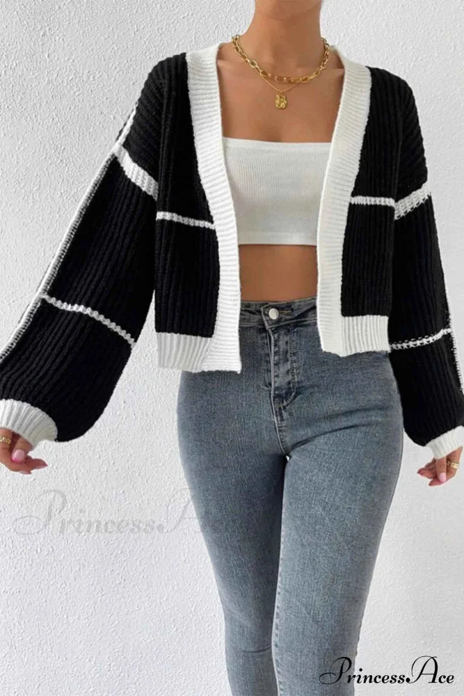 Patchwork Knit Long Sleeve Open-Front Cardigan