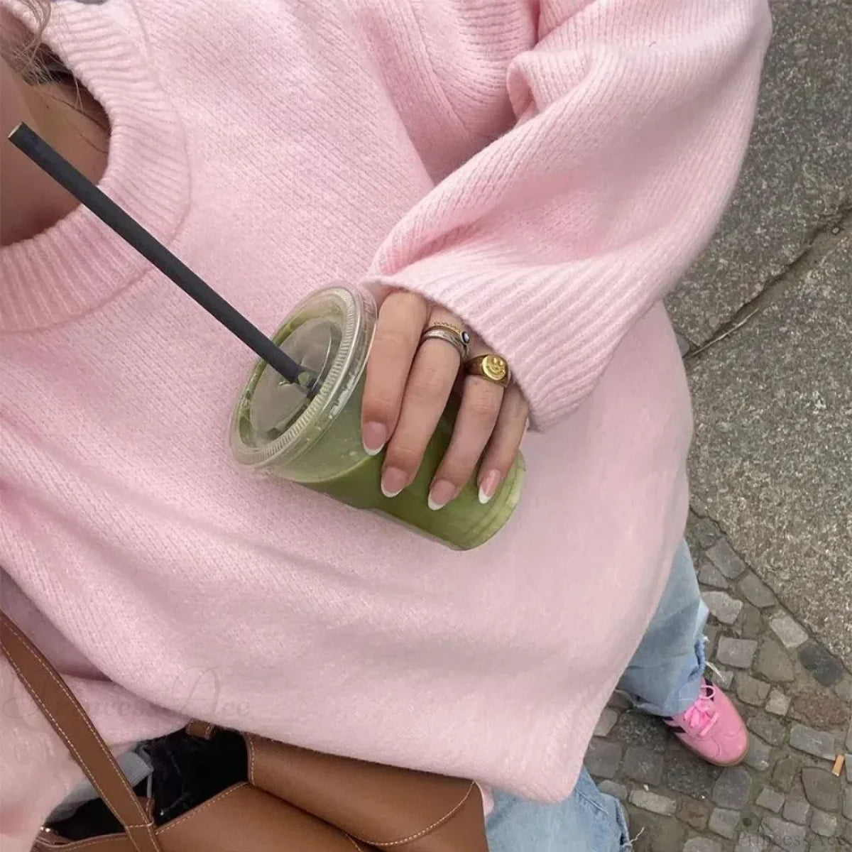 Pink O-neck Loose Casual Pullover Sweater
