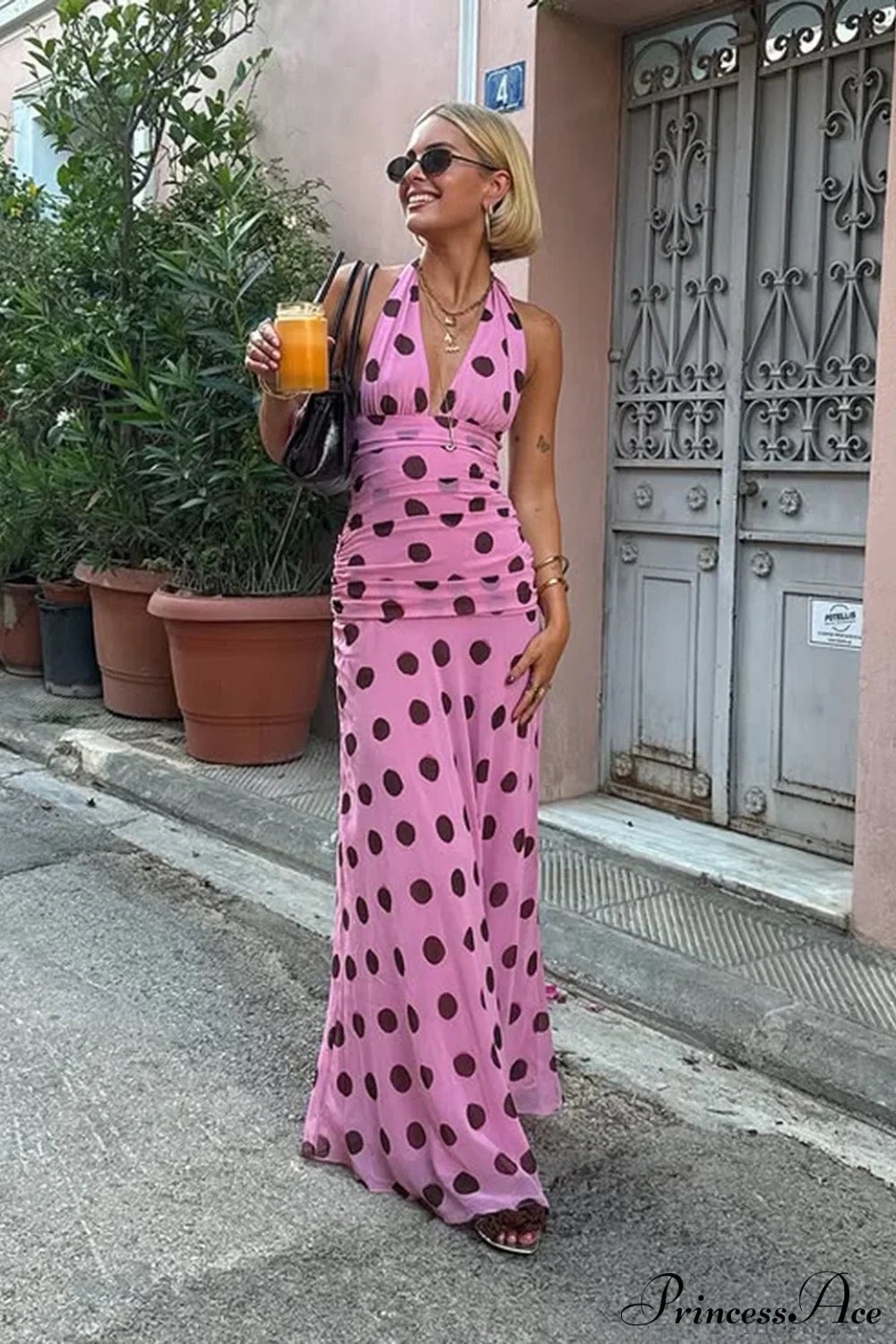 Polka Dot Halter V-Neck Color Block Bodycon Maxi Dress