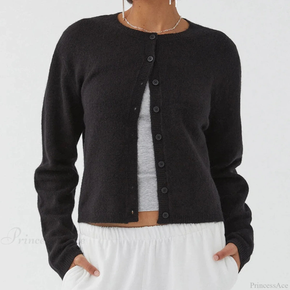 Preppy Crew Neck Button Up Front Cardigan