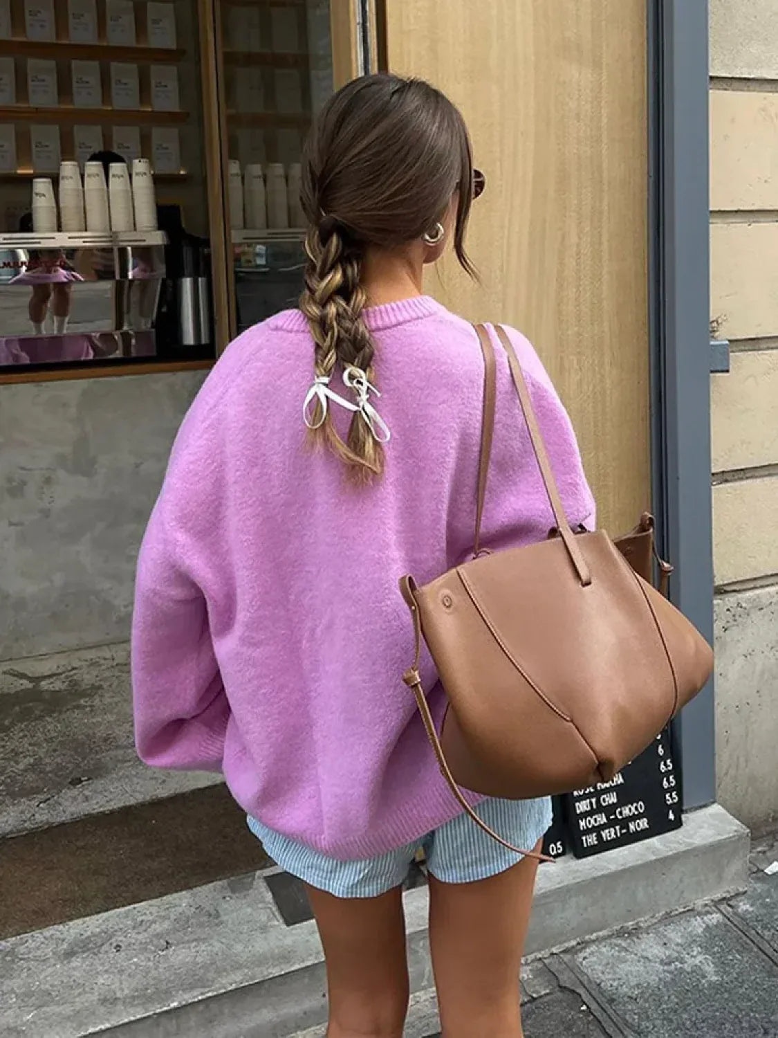 Rose Pink O - neck Lantern Sleeve Sweater