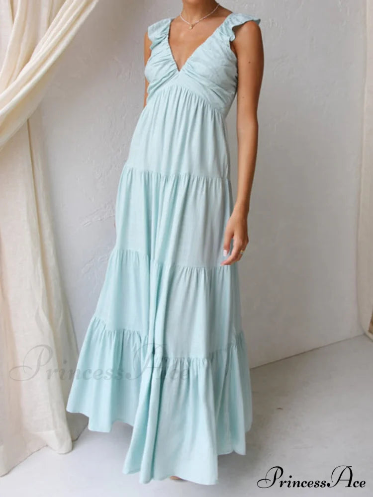 Ruffled Flying Sleeves Smocked Graceful Back Tiered Vacation Maxi Dress