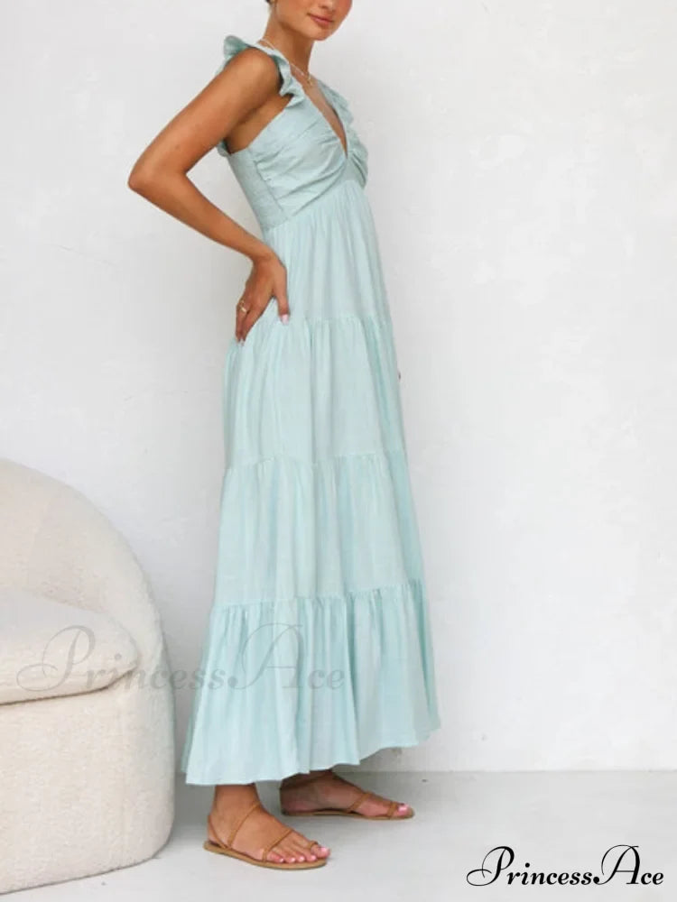 Ruffled Flying Sleeves Smocked Graceful Back Tiered Vacation Maxi Dress
