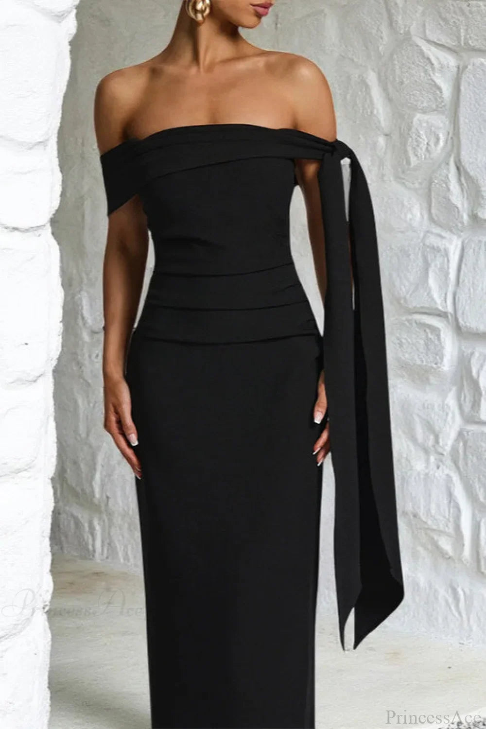 Sash Off Shoulder Split Slim Fitted Maxi Dress