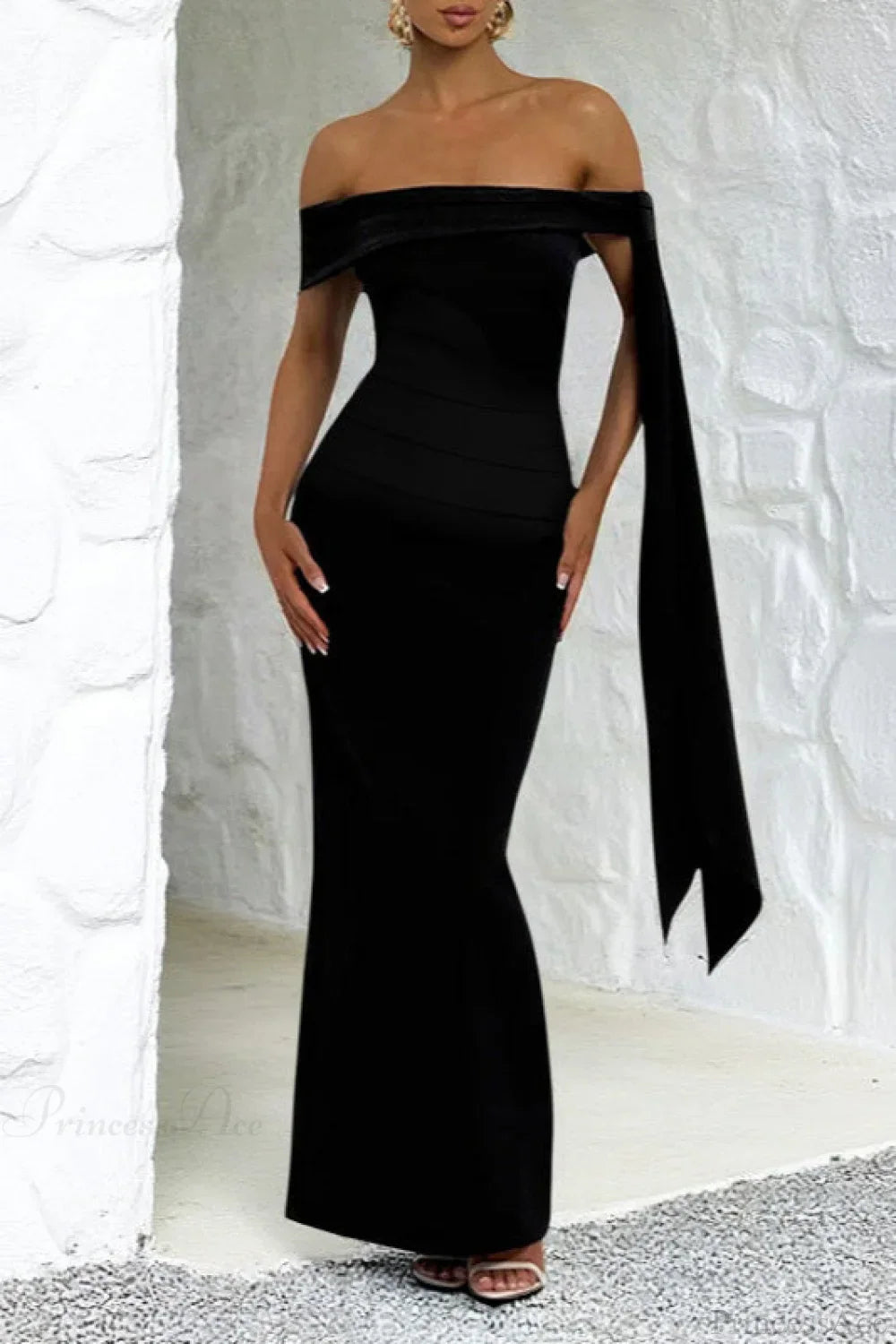 Sash Off Shoulder Split Slim Fitted Maxi Dress
