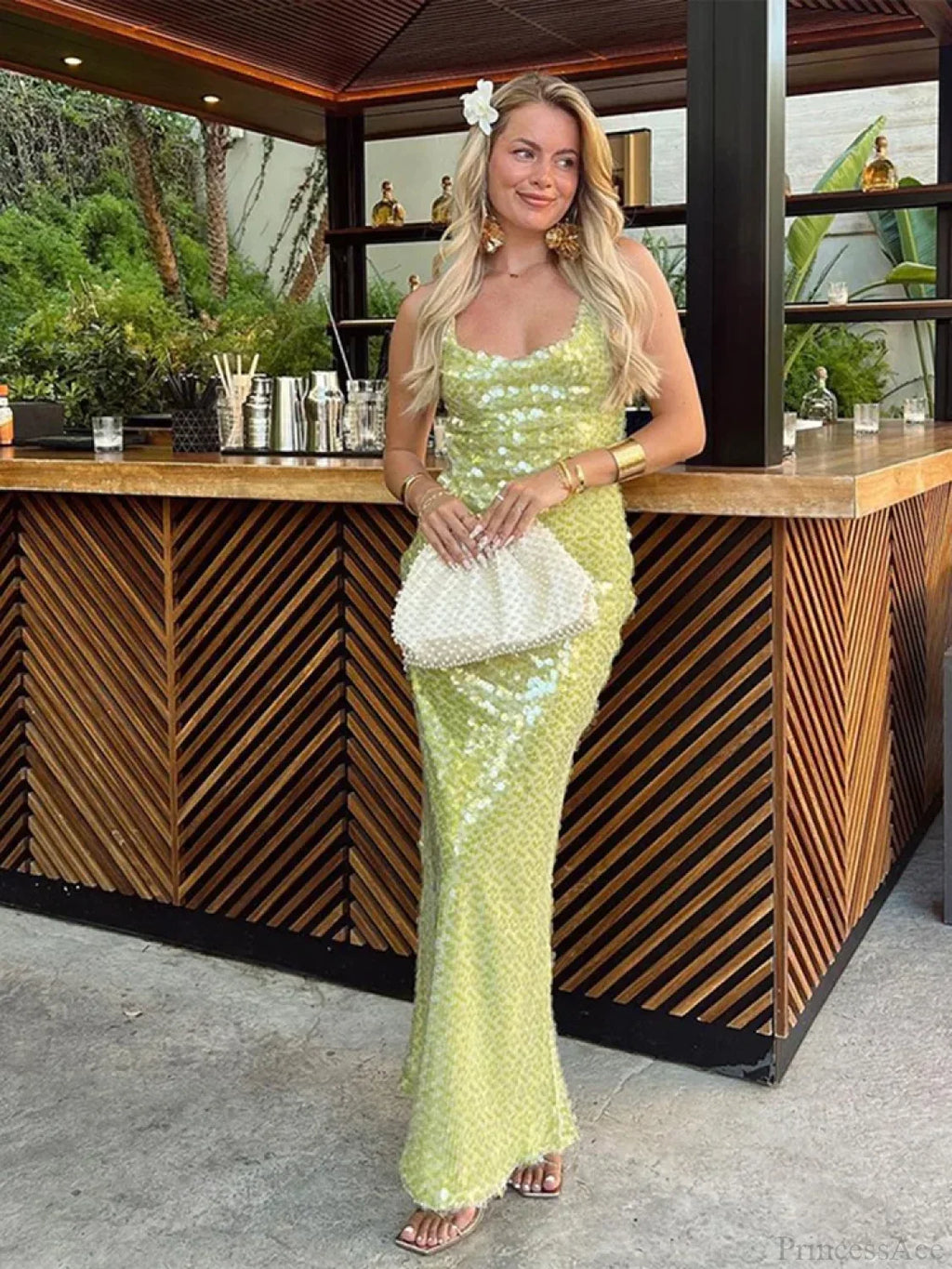 Sequin Backless Lace-Up Square Collar Maxi Dress