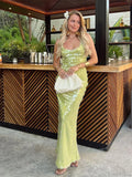 Sequin Backless Lace-Up Square Collar Maxi Dress