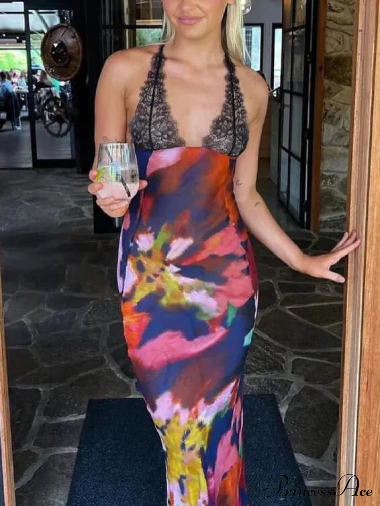 Sexy Deep V Lace Graceful Patchwork Printed Auspender Maxi Dress