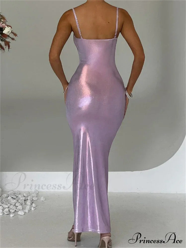 Sexy Women Bodycon Solid Metallic Sleeveless Strap Summer Backless Party Female Vestidos Streetwear